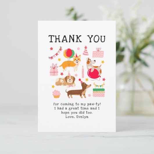 Meisjes Roze Schattigee Feesthonden Verjaardag Bedankkaart (Staand voorkant)