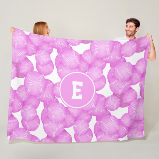 Meisjes roze softballs patroon monogrammed fleece deken (In situ)