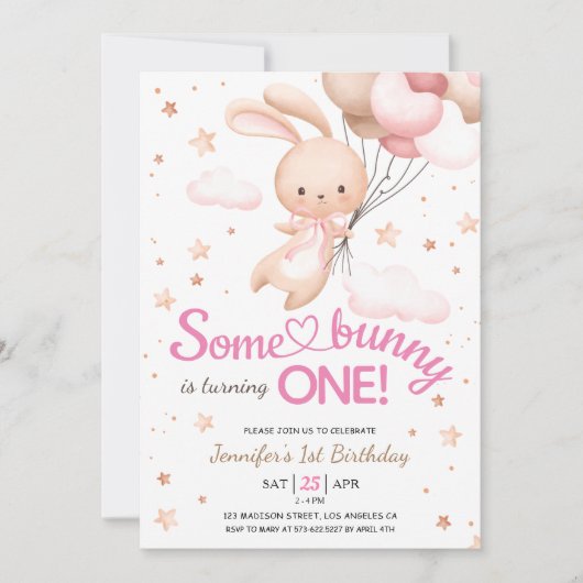 Meisjes Roze Sommige Konijntje is ÉÉN! Bunny 1e Ve Kaart (Voorkant)