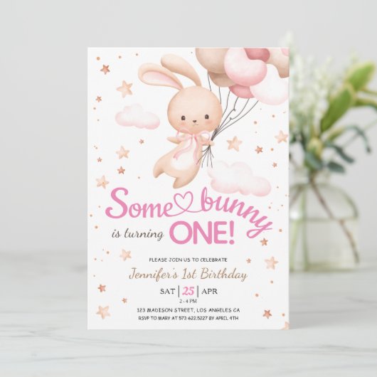 Meisjes Roze Sommige Konijntje is ÉÉN! Bunny 1e Ve Kaart (Staand voorkant)