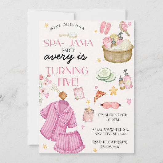Meisjes Roze Spa-Jama Sleepover Verjaardag Uitnodi Kaart (Voorkant)