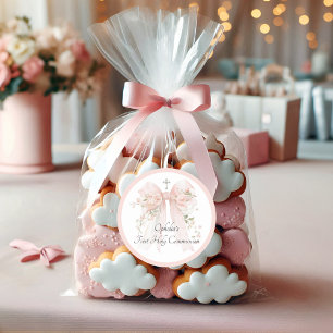 Meisjes Roze Strik Bloemen Eerste Communie Ronde Sticker