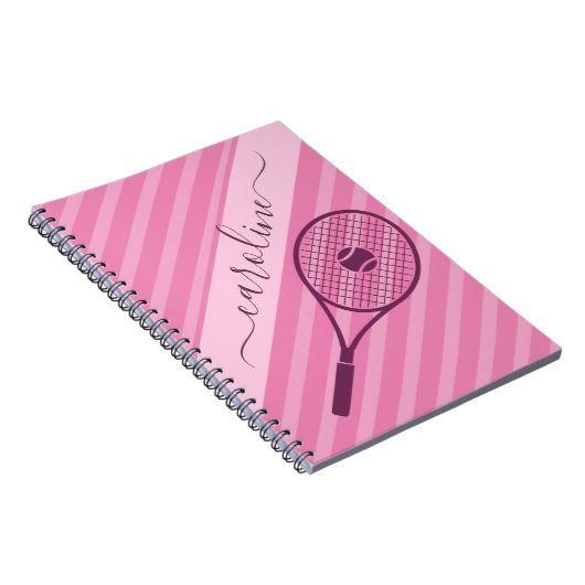Meisjes roze stripte tennis Racket Ball Naam Notitieboek (Rechterzijde)