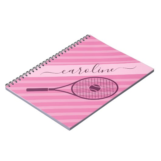Meisjes roze stripte tennis Racket Ball Naam Notitieboek (Linkerzijde)