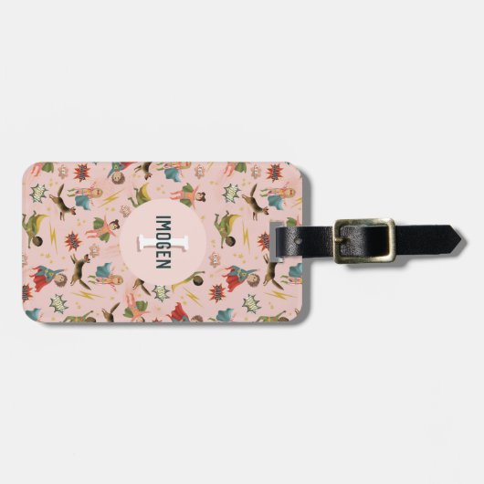 Meisjes Roze Superheld Monogram en Naam Kinder Bagagelabel (Voorkant horizontaal)