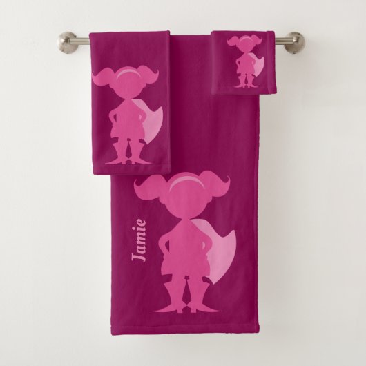 Meisjes Roze Superheld Silhouette Persoonlijke Kin Bad Handdoek (Insitu)