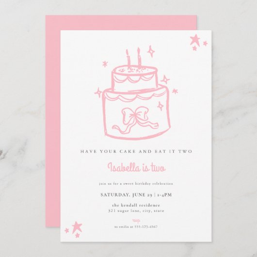 Meisjes Roze Taart 2e Verjaardag Uitnodiging (Voorkant / Achterkant)