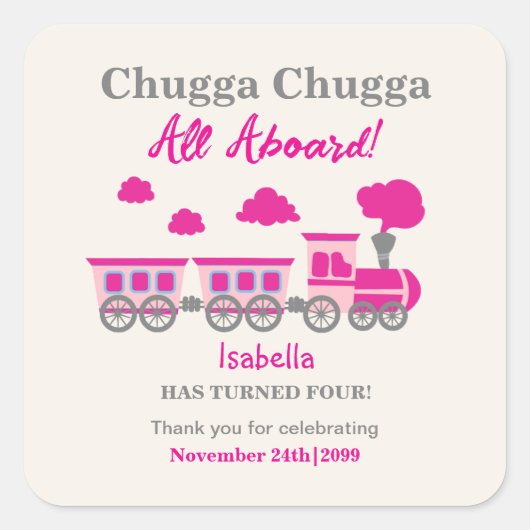 Meisjes Roze Train Elke Leeftijd Verjaardagsfeest Vierkante Sticker (Voorkant)