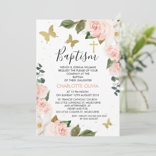 Meisjes roze vlies en goudvlinders kaart (Staand voorkant)