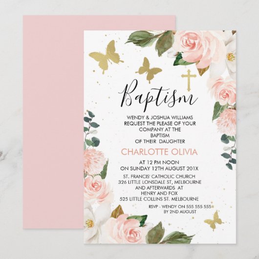 Meisjes roze vlies en goudvlinders kaart (Voorkant / Achterkant)