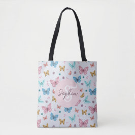 Meisjes Roze Vlinder Monogram Schattig Kinder Tote Bag