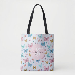 Meisjes Roze Vlinder Monogram Schattig Kinder Tote Bag