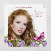 Meisjes Roze Vlinder Wildflowers Foto Afstuderen Kaart (Voorkant / Achterkant)