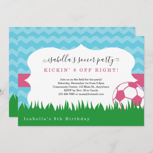 Meisjes Roze Voetbal Uitnodiging (Voorkant / Achterkant)