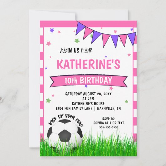 Meisjes Roze Voetbal Verjaardagsfeestje Uitnodigin Kaart (Voorkant)