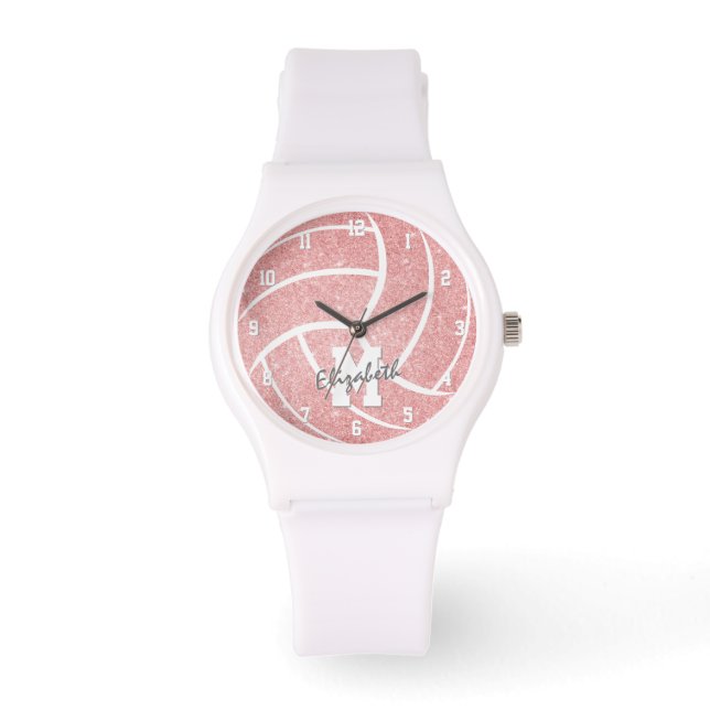 meisjes roze volleybalhorloge met monogram horloge (Voorkant)