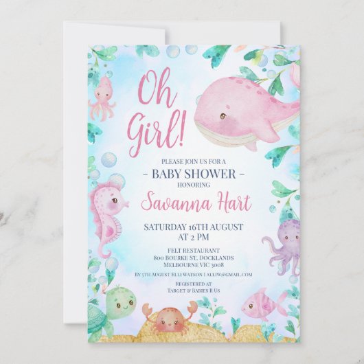 Meisjes Roze Walvis Onder het Zee Baby shower Kaart (Voorkant)