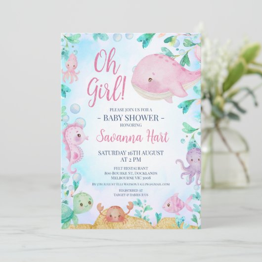 Meisjes Roze Walvis Onder het Zee Baby shower Kaart (Staand voorkant)