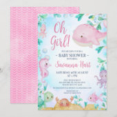 Meisjes Roze Walvis Onder het Zee Baby shower Kaart (Voorkant / Achterkant)