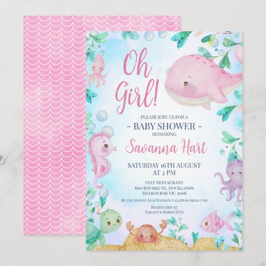 Meisjes Roze Walvis Onder het Zee Baby shower Kaart (Voorkant / Achterkant)