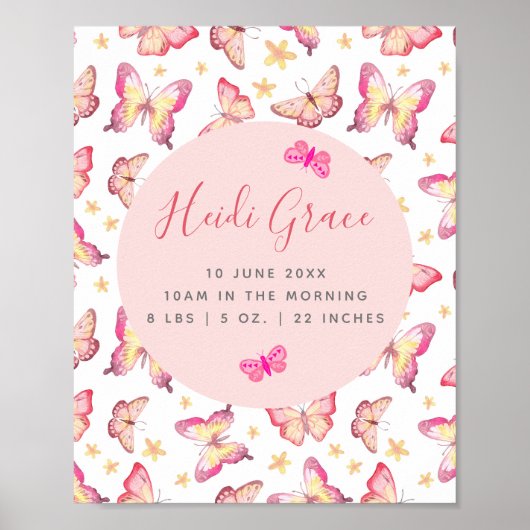 Meisjes Roze Waterverf Boterfly Floral Birth Stats Poster (Voorkant)