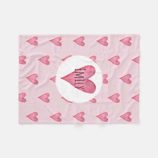 Meisjes Roze Waterverf Hart en Naam Kinderen Fleece Deken (Voorkant (Horizontaal))