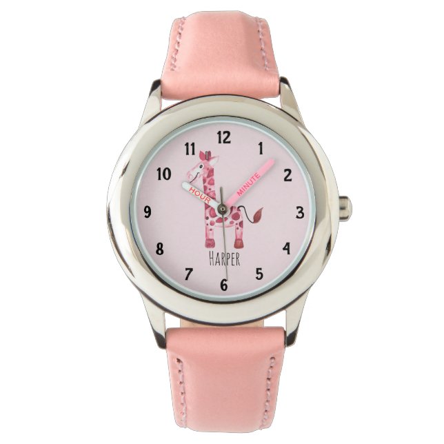 Meisjes Roze Waterverf Safari Giraffe en naam Kind Horloge (Voorkant)