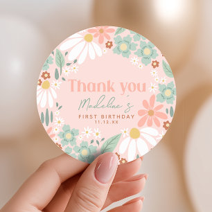 Meisjes Roze Wildflower Daisy 1e verjaardag gunst Ronde Sticker
