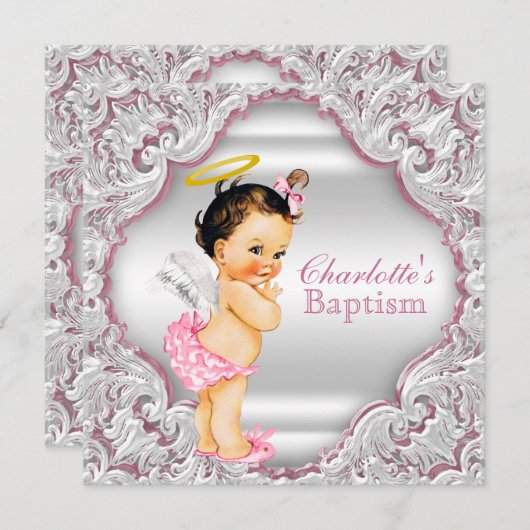 Meisjes Roze Witte Engel Meisje Baby Doop Kaart (Voorkant / Achterkant)