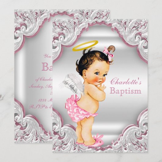 Meisjes Roze Witte Engel Meisje Baby Doop Kaart (Voorkant / Achterkant)