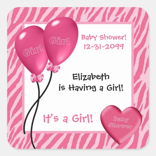 Meisjes roze Zebra Print Girl Baby shower Vierkante Sticker (Voorkant)