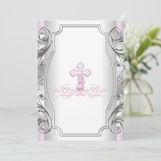 Meisjes Roze Zilveren Kruis Meisje Doop Doop Doop Kaart (Staand voorkant)