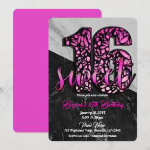 Meisjes Roze Zwarte Marmer Sweet 16 Verjaardagsfee Kaart