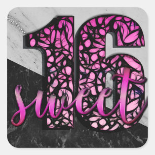 Meisjes Roze Zwarte Marmer Sweet 16 Verjaardagsfee Vierkante Sticker