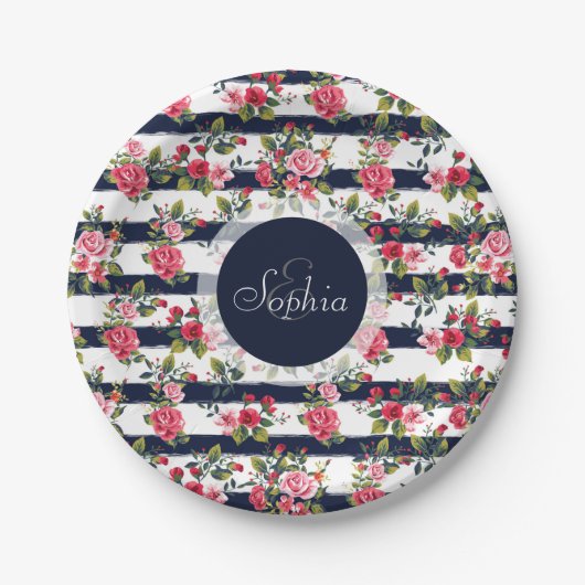 Meisjes rozen florale waterverf strepen papieren bordje (Voorkant)