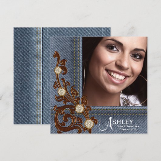Meisjes Rustieke Land Denim Foto Afstuderen Aankondiging (Voorkant / Achterkant)