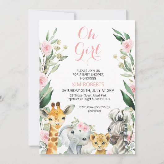 Meisjes Safari Bloemen Krans Baby shower Uitnodigi Kaart (Voorkant)