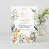 Meisjes Safari Bloemen Krans Baby shower Uitnodigi Kaart (Staand voorkant)
