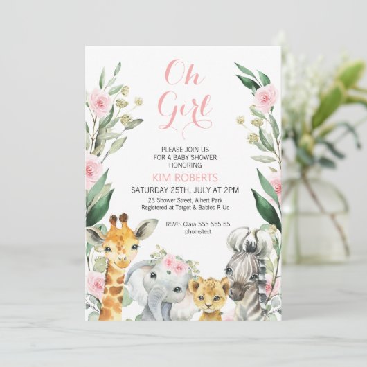 Meisjes Safari Bloemen Krans Baby shower Uitnodigi Kaart (Staand voorkant)