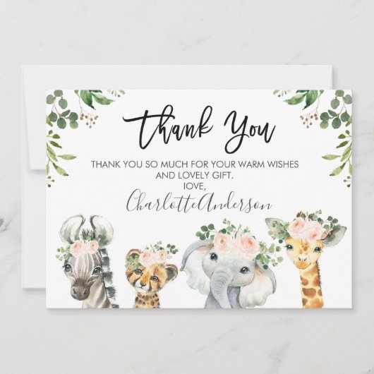 Meisjes Safari Dieren Baby shower Dank u kaart (Voorkant)