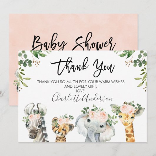 Meisjes Safari Dieren Baby shower Dank u kaart (Voorkant / Achterkant)