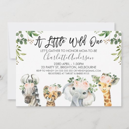 Meisjes Safari Dieren Baby shower Uitnodiging (Voorkant)