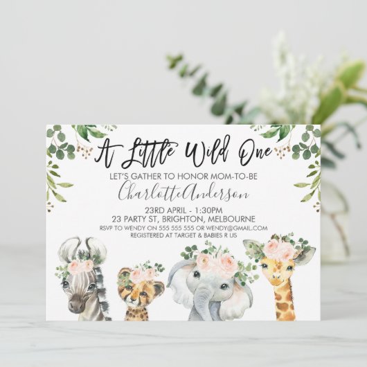 Meisjes Safari Dieren Baby shower Uitnodiging (Staand voorkant)