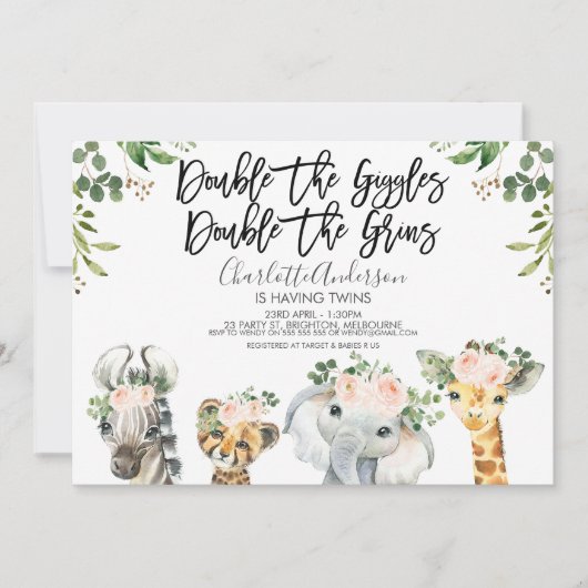 Meisjes Safari Dieren Twins Baby shower Uitnodigin Kaart (Voorkant)