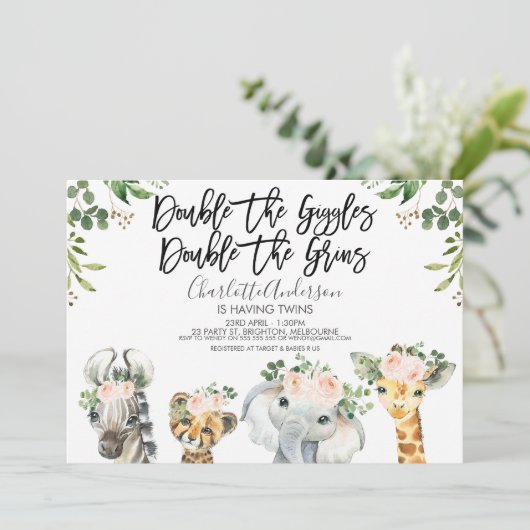 Meisjes Safari Dieren Twins Baby shower Uitnodigin Kaart (Staand voorkant)
