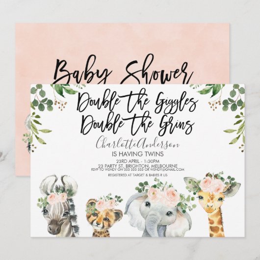Meisjes Safari Dieren Twins Baby shower Uitnodigin Kaart (Voorkant / Achterkant)
