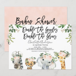 Meisjes Safari Dieren Twins Baby shower Uitnodigin Kaart