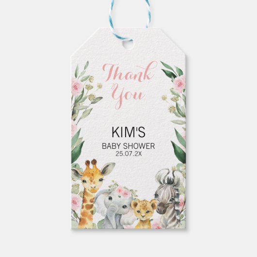 Meisjes Safari Floral krans Baby shower dank u Cadeaulabel (Voorkant)