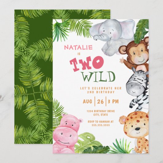 Meisjes Safari Jungle Twee Wild 2e Verjaardag Kaart (Voorkant / Achterkant)