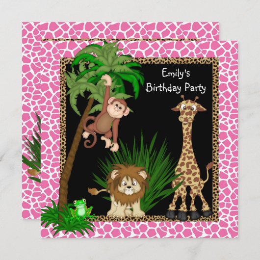 Meisjes Safari Verjaardagsfeest Kaart (Voorkant / Achterkant)